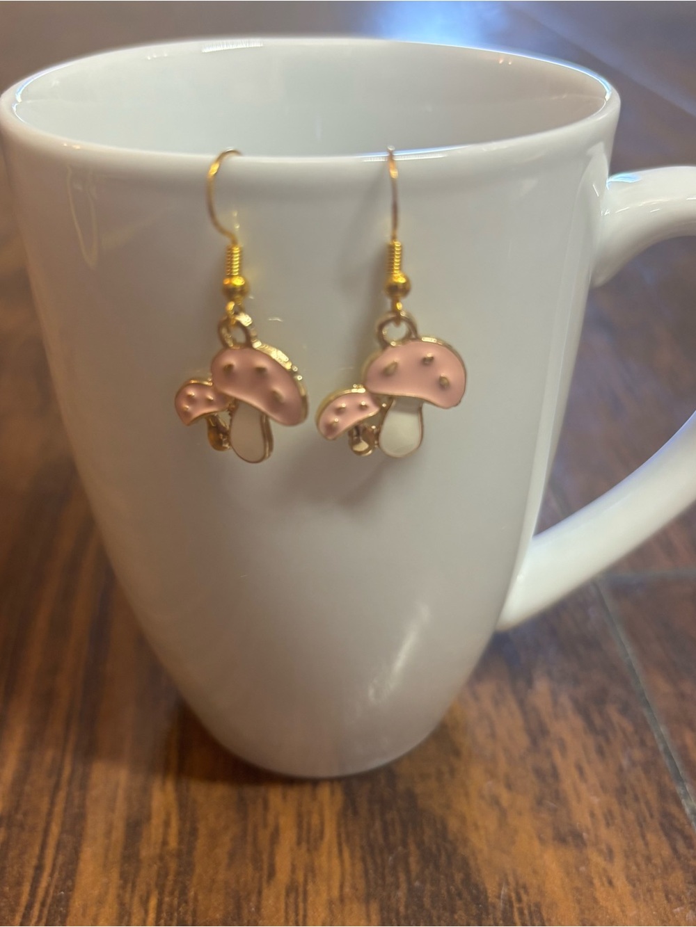 Pink and gold mushroom hook earrings